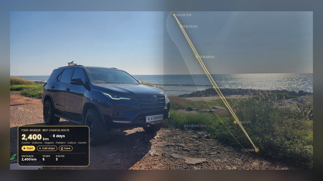 The Toyota Fortuner parked at a coastal pullout overlooking the Arabian Sea