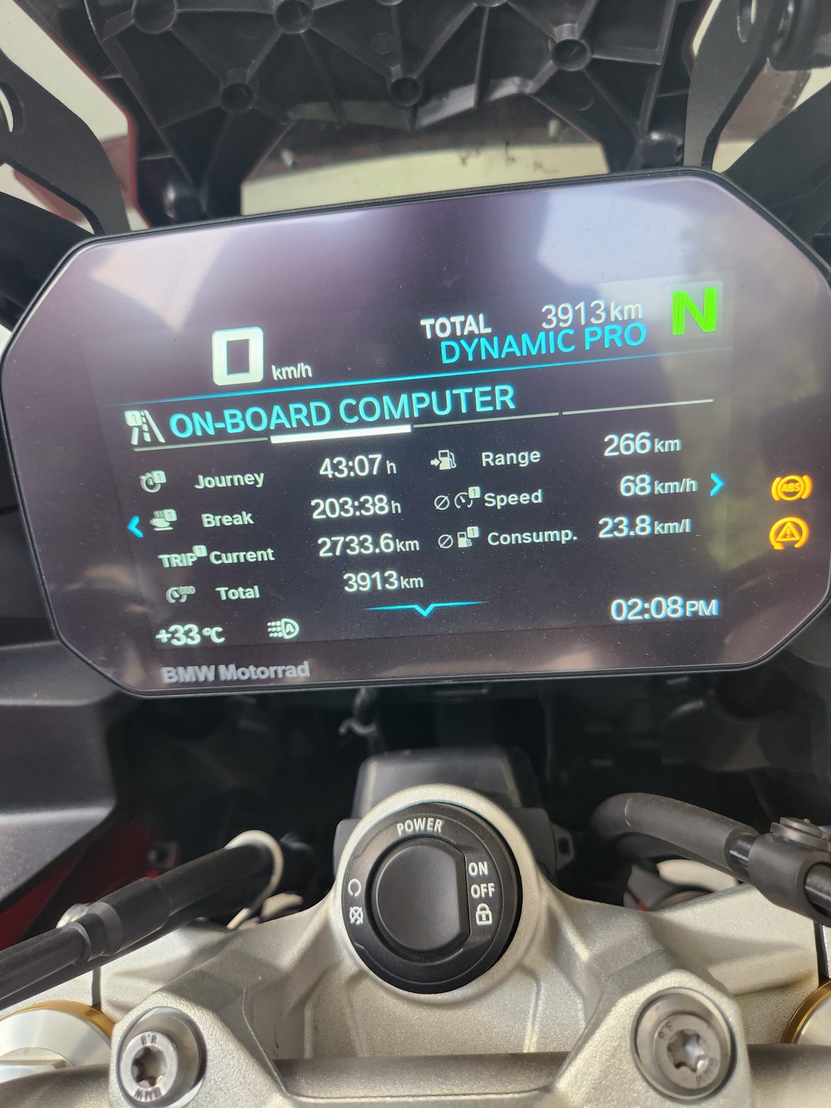 The BMW dashboard showing the final trip statistics