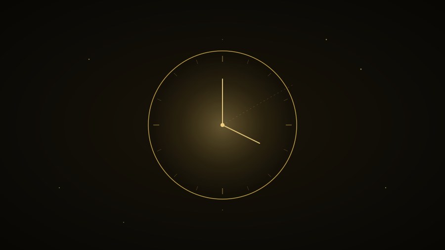 A gold clock face on a dark background, suggesting time passing