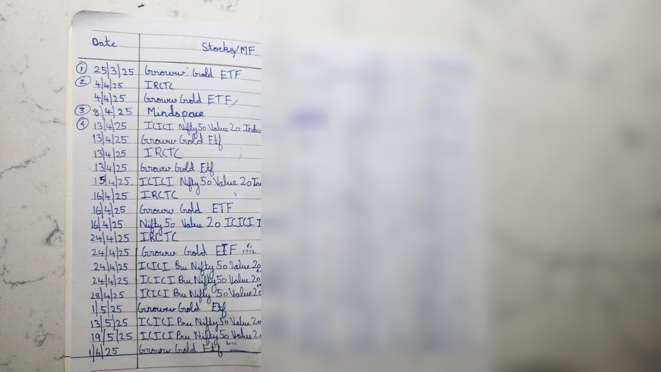 A page from one of the notebooks — handwritten ledger entries of dates and stock/mutual fund names, with the numeric values blurred for privacy