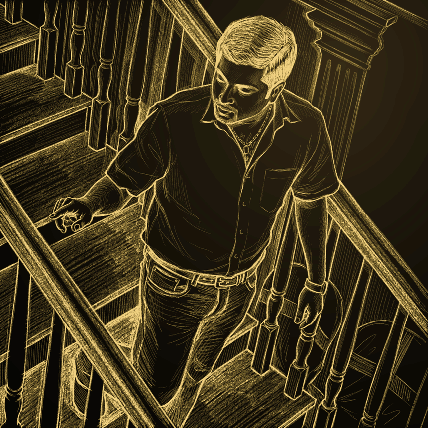 A gold line-drawing portrait of Rex Jacob, descending a staircase