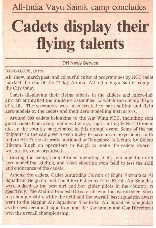 Deccan Herald newspaper clipping about cadets displaying their flying talents at the Vayu Sainik Camp